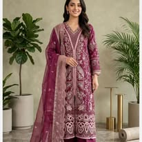 Pakistani Original Husnara Luxury Organza Stitched 3 Pcs_ Dark Maroon