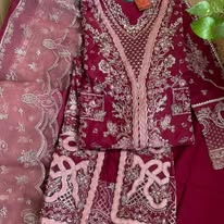 Pakistani Original Husnara Luxury Organza Stitched 3 Pcs_ Dark Maroon