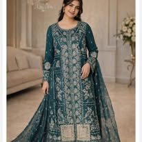 Pakistani Original Husnara Luxury Organza Stitched 3 Pcs_ Sea Green