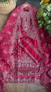 Pakistani Original Nau Bahar Luxury Organza Stitched 3Pcs _ Magenta 