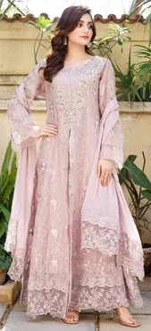 Pakistani Original Mona Embroidery Cotton Net Stitched Gown 3Pcs _ Lavender