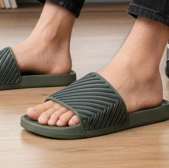 Dark Green Slide Sandals — Chevron Strap Design 