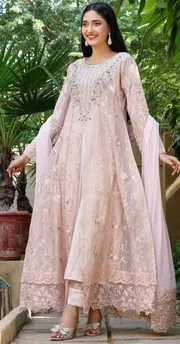 Pakistani Original Mona Embroidery Cotton Net Stitched Gown 3Pcs _ Ligth Pink