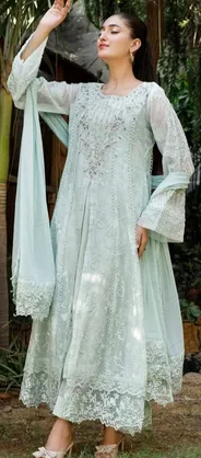 Pakistani Original Mona Embroidery Cotton Net Stitched Gown 3Pcs _ Mint