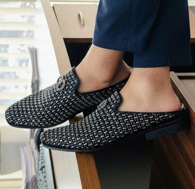 Black Studded Slip-On Shoes — Festive Buckle Design 