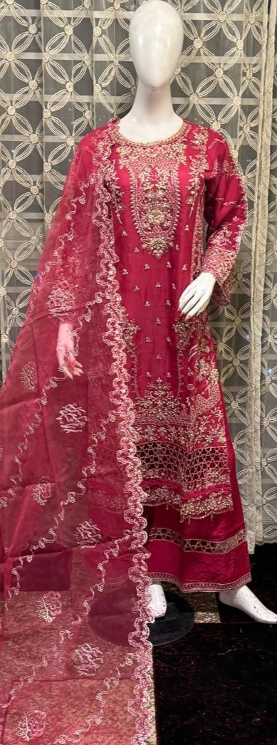 Pakistani Original Nau Bahar Luxury Organza Stitched 3Pcs _ Magenta 