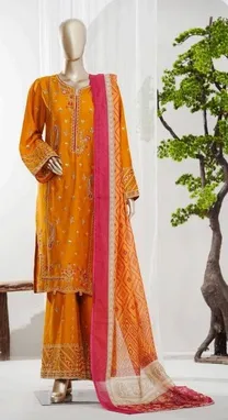 Pakistani Original Bin Saeed Luxury Jacquard Stitched 3Pcs _ Mustard Yellow 
