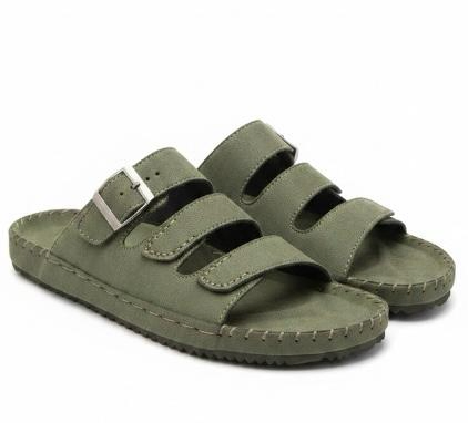 Men's Wide-Strap Suede Slides Velcro Closure, Webbing Tab, Cork Footbed