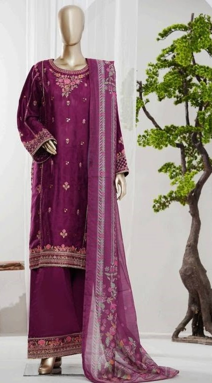 Pakistani Original Bin Saeed Luxury Jacquard Stitched 3Pcs _ Deep Purple 