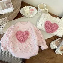 Girls' Heart Pattern Knit Sweater – Warm Winter Top