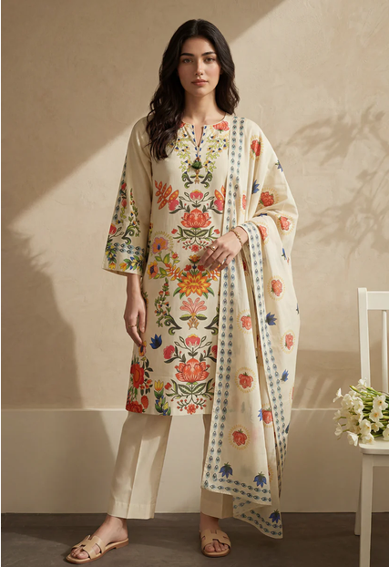 ZELLBURY 3 PIECES PRINTED TEXTURED LAWN (Kurta Dupatta Trouser)