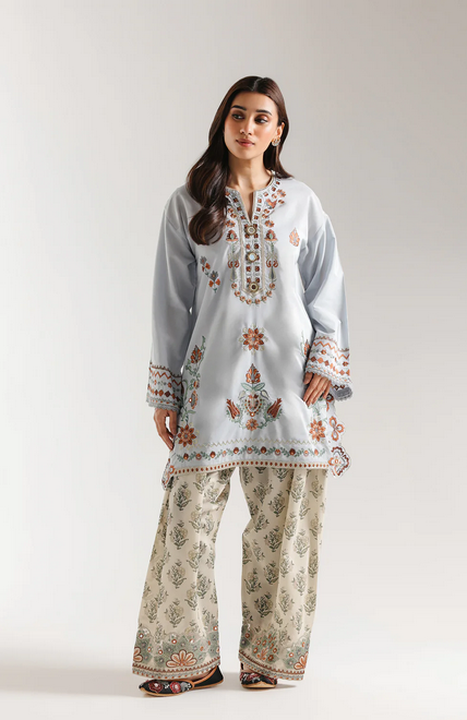 ETHNC EMBROIDERED SUIT  RELAX FIT - ROUND NECK WITH SLIT - FULL SLEEVES - SCALLOPED HEM - SHORT LENGTH