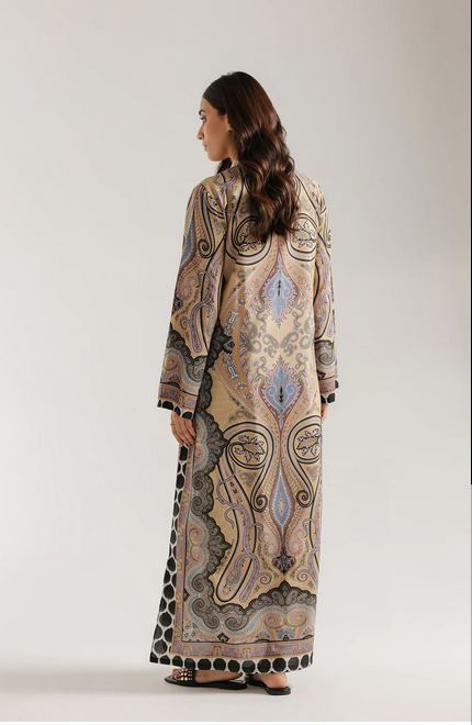 PRINTED DRESS STRAIGHT FIT - BAN NECK WITH V SLIT - FULL SLEEVES - A LINE HEM -LONG LENGTH 