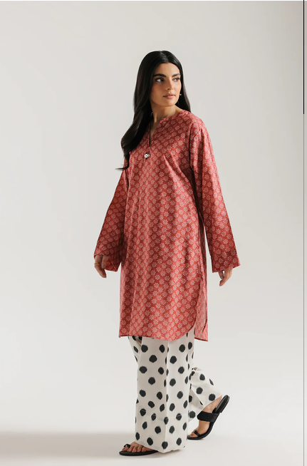 ETHNC PRINTED SUIT - 2 PIECES | SHIRT – STRAIGHT FIT – BAND COLLAR WITH SPLIT V-NECK – LOOSE FULL SLEEVES – KNEE LENGTH | FARSHI SHALWAR – WIDE LEG – FULL LENGTH