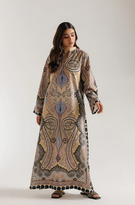 PRINTED DRESS STRAIGHT FIT - BAN NECK WITH V SLIT - FULL SLEEVES - A LINE HEM -LONG LENGTH 