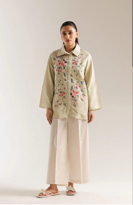 ETHNC EMBROIDERED KURTI | SHIRT - STRAIGHT FIT - BUTTON DOWN - COLLAR NECK -FULL SLEEVES - SHORT LENGTH