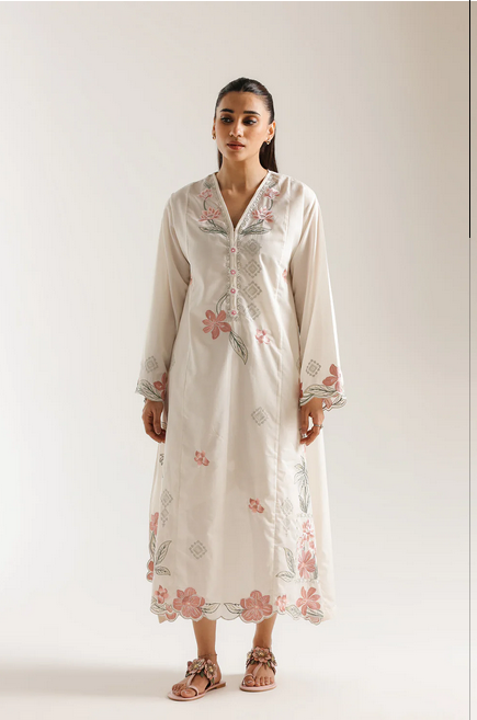ETHNC EMBROIDERED DRESS LOOSE FIT - V NECK - FLARED SLEEVES - A LINE HEM - LONG LENGTH