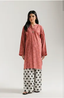ETHNC PRINTED SUIT - 2 PIECES | SHIRT – STRAIGHT FIT – BAND COLLAR WITH SPLIT V-NECK – LOOSE FULL SLEEVES – KNEE LENGTH | FARSHI SHALWAR – WIDE LEG – FULL LENGTH