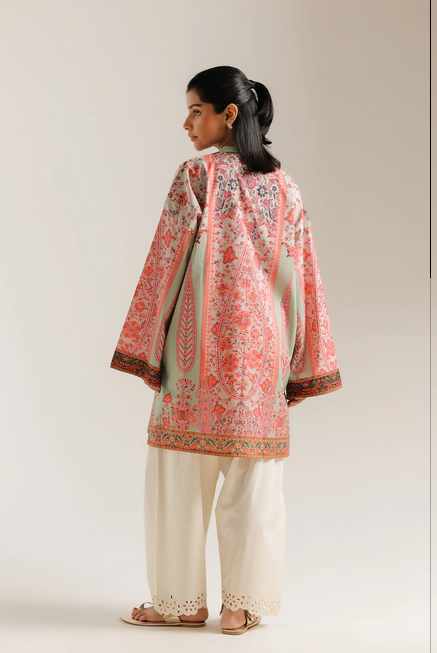 ETHNC PRINTED KURTI | SHIRT - STRAIGHT FIT - BAN NECK WITH V SLIT - FULL SLEEVES - KNEE LENGTH