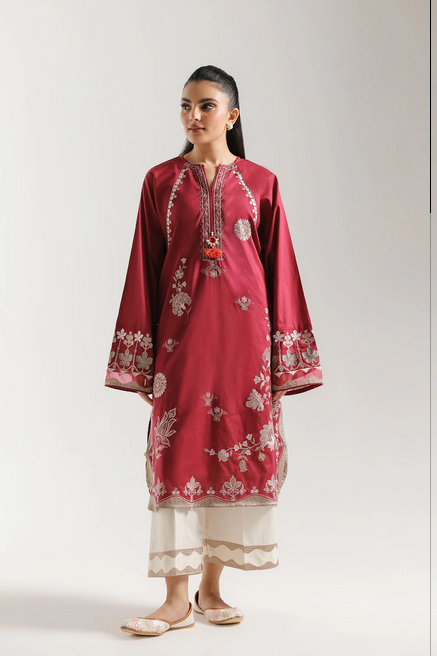 ETHNC EMBROIDERED SUIT STRAIGHT FIT - ROUND NECK WITH V SLIT - FLARED SLEEVES - LONG LENGTH