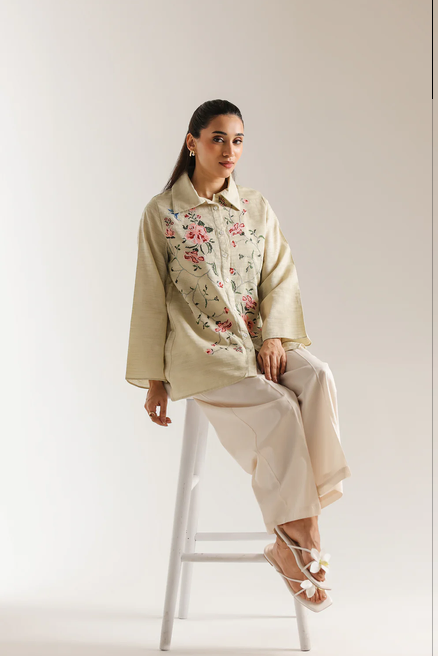 ETHNC EMBROIDERED KURTI | SHIRT - STRAIGHT FIT - BUTTON DOWN - COLLAR NECK -FULL SLEEVES - SHORT LENGTH