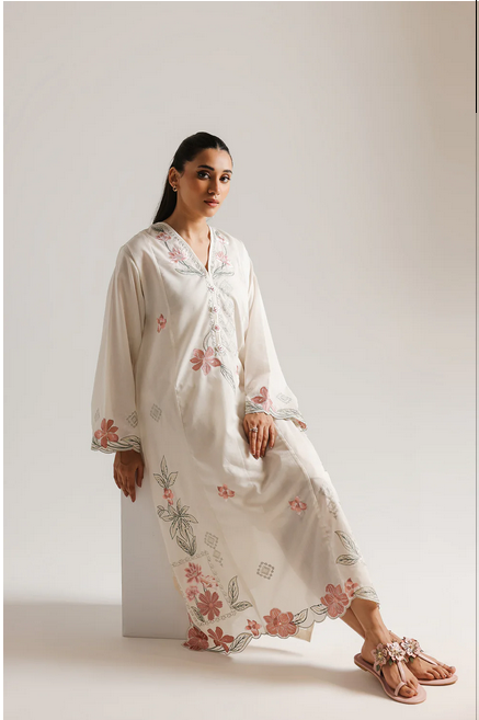 ETHNC EMBROIDERED DRESS LOOSE FIT - V NECK - FLARED SLEEVES - A LINE HEM - LONG LENGTH