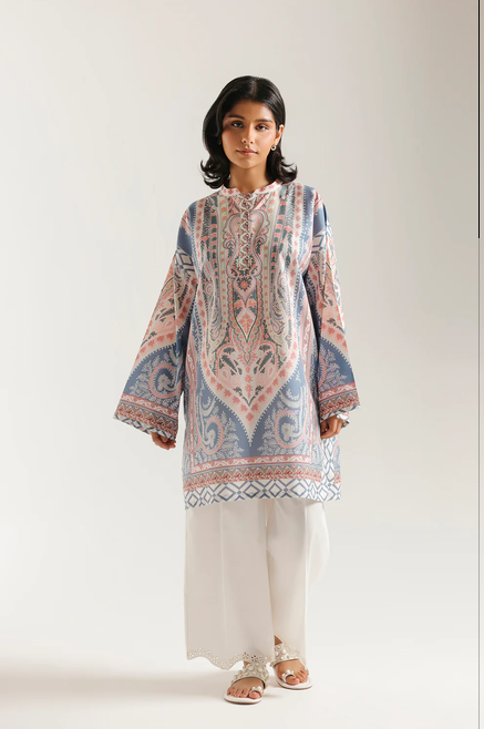 ETHNC PRINTED KURTI | SHIRT - STRAIGHT RELAX FIT - FULL SLEEVES - BAN NECK WITH SLIT - REGULAR LENGTH