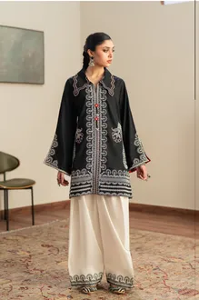 ETHNC 2 PIECES EMBROIDERED SUIT | SHIRT OPED COLLAR NECK - FRONT SLIT - A LINE HEM - SHORT LENGTH |  FARSHI SHALWAR - WIDE LEG - REGULAR LENGTH