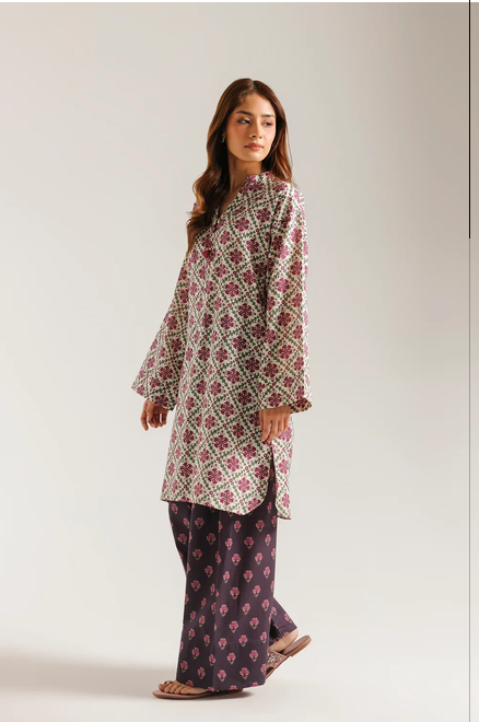 ETHNC PRINTED SUIT - 2 PIECES | SHIRT - STRAIGHT RELAX FIT - BAN NECK WITH V SLIT - FLARED SLEEVES - REGULAR LENGTH | FARSHI SHALWAR - WIDE LEG - REGULAR LENGTH