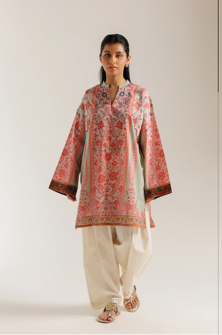 ETHNC PRINTED KURTI | SHIRT - STRAIGHT FIT - BAN NECK WITH V SLIT - FULL SLEEVES - KNEE LENGTH