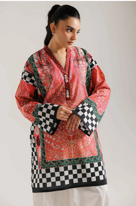ETHNC PRINTED KURTI | SHIRT- KURTI - RELAXED FIT - STRIAGHT CUT - SIDE SLIT - V NECKLINE - FULL LENGTH SLEEVES - KNEE LENGTH