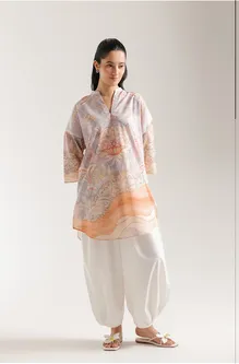 ETHNC PRINTED KURTI | SHIRT - RELAX FIT - BAN NECK WITH SLIT - FULL SLEEVES - ROUND HEM - SHORT LENGTH