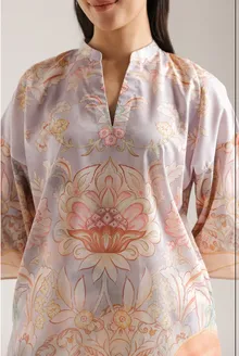 ETHNC PRINTED KURTI | SHIRT - RELAX FIT - BAN NECK WITH SLIT - FULL SLEEVES - ROUND HEM - SHORT LENGTH