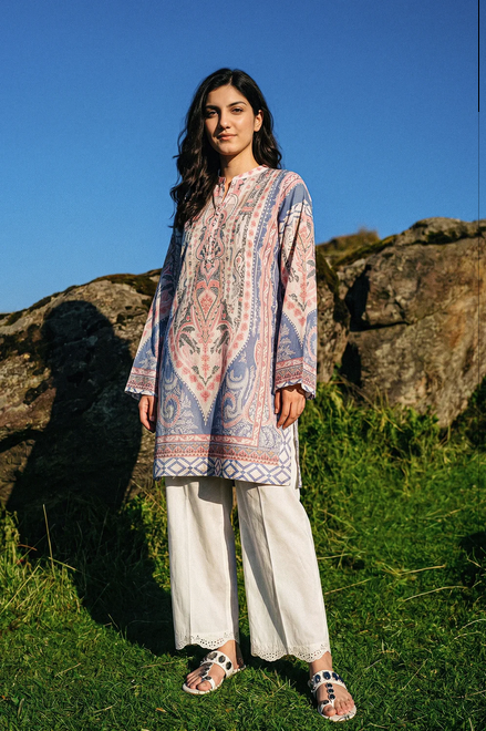 ETHNC PRINTED KURTI | SHIRT - STRAIGHT RELAX FIT - FULL SLEEVES - BAN NECK WITH SLIT - REGULAR LENGTH