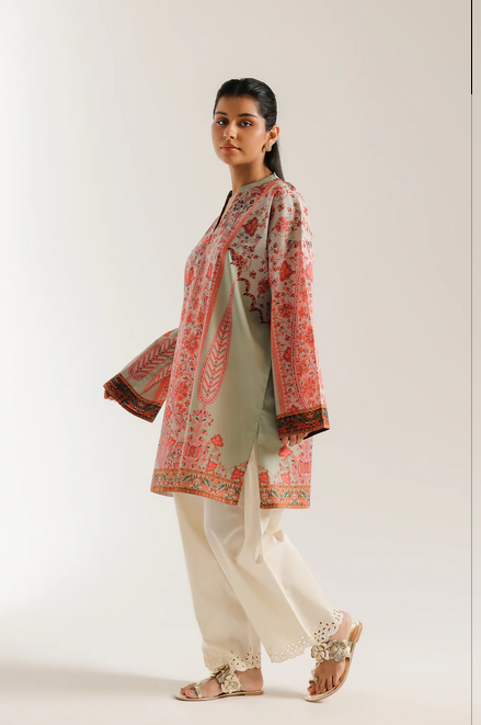 ETHNC PRINTED KURTI | SHIRT - STRAIGHT FIT - BAN NECK WITH V SLIT - FULL SLEEVES - KNEE LENGTH