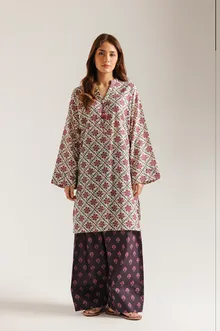 ETHNC PRINTED SUIT - 2 PIECES | SHIRT - STRAIGHT RELAX FIT - BAN NECK WITH V SLIT - FLARED SLEEVES - REGULAR LENGTH | FARSHI SHALWAR - WIDE LEG - REGULAR LENGTH