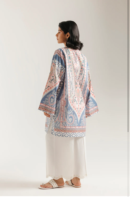 ETHNC PRINTED KURTI | SHIRT - STRAIGHT RELAX FIT - FULL SLEEVES - BAN NECK WITH SLIT - REGULAR LENGTH