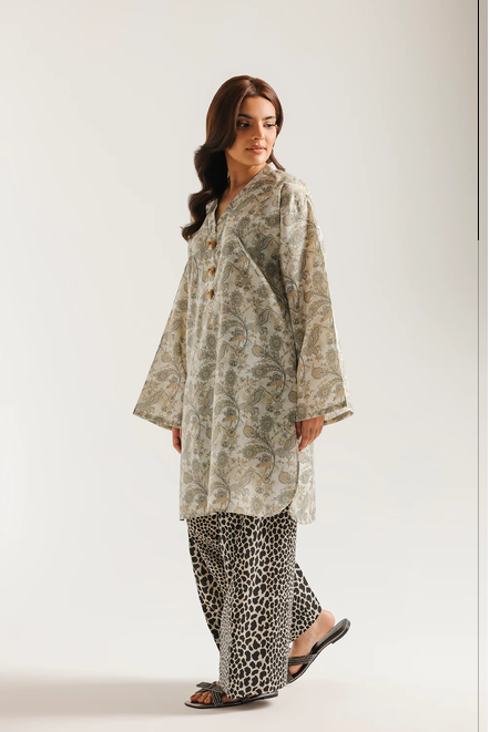 ETHNC PRINTED SUIT - 2 PIECES | SHIRT -STRAIGHT CUT -V NECKLINE- LOOSE FIT -FLARED FULL SLEEVES | SHALWAR -RELAXED FIT -WIDE LEG