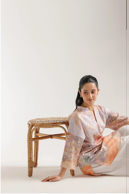ETHNC PRINTED KURTI | SHIRT - RELAX FIT - BAN NECK WITH SLIT - FULL SLEEVES - ROUND HEM - SHORT LENGTH