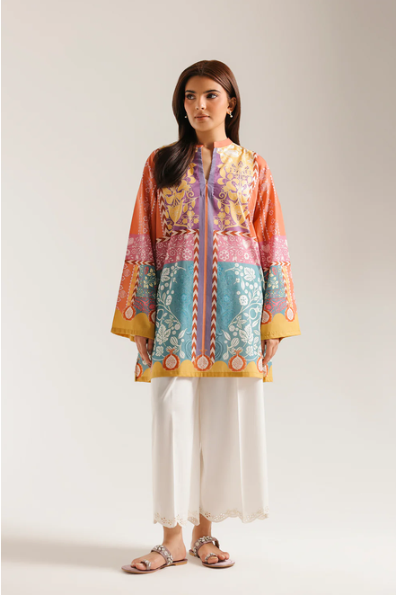 ETHNC PRINTED KURTI | SHIRT - RELAX STRAIGHT FIT - BAN NECK WITH SLIT - FLARED SLEEVES - SHORT LENGTH