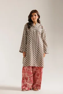 ETHNC PRINTED SUIT - 2 PIECES | SHIRT - RELAX FIT - BAN NECK WIH SLIT - FLARED SLEEVES - ROUND HEM | FARSHI SHALWAR - WIDE LEG