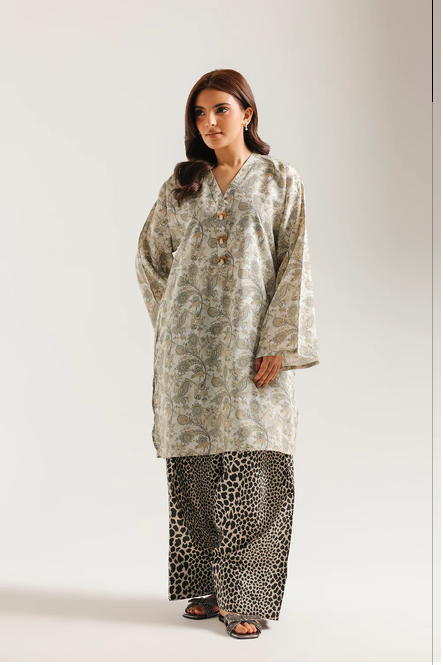 ETHNC PRINTED SUIT - 2 PIECES | SHIRT -STRAIGHT CUT -V NECKLINE- LOOSE FIT -FLARED FULL SLEEVES | SHALWAR -RELAXED FIT -WIDE LEG