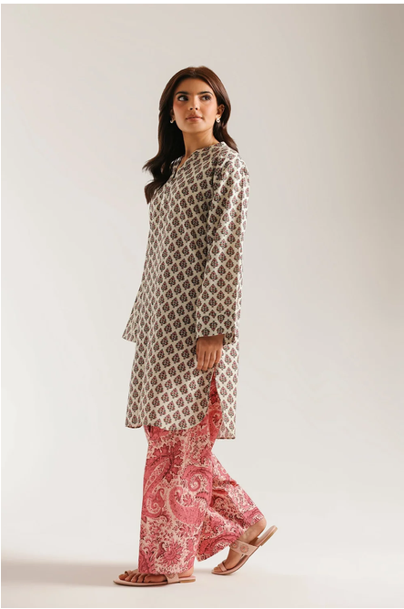 ETHNC PRINTED SUIT - 2 PIECES | SHIRT - RELAX FIT - BAN NECK WIH SLIT - FLARED SLEEVES - ROUND HEM | FARSHI SHALWAR - WIDE LEG