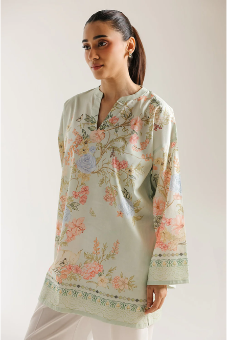 ETHNC PRINTED KURTI | SHIRT - RELAX FIT -BAN NECK WITH V SLIT -FULL SLEEVES -SHORT LENGTH