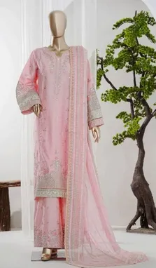 Pakistani Original Bin Saeed Luxury Jacquard Stitched 3Pcs _ Pink 