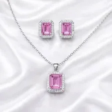  Pink Crystal Earring Ring Necklace Set (4 Pcs)
