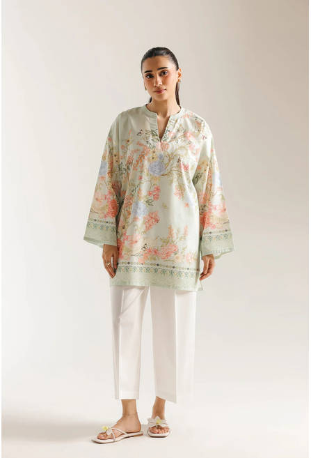 ETHNC PRINTED KURTI | SHIRT - RELAX FIT -BAN NECK WITH V SLIT -FULL SLEEVES -SHORT LENGTH