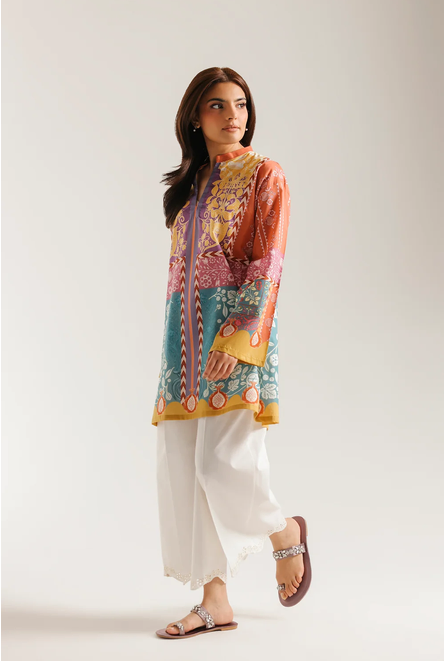 ETHNC PRINTED KURTI | SHIRT - RELAX STRAIGHT FIT - BAN NECK WITH SLIT - FLARED SLEEVES - SHORT LENGTH