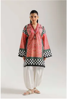 ETHNC PRINTED KURTI | SHIRT- KURTI - RELAXED FIT - STRIAGHT CUT - SIDE SLIT - V NECKLINE - FULL LENGTH SLEEVES - KNEE LENGTH