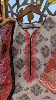 Printed Swizz Cotton Set with Designer Neck Panel Work